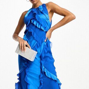 ASOS Blue Ruffle Satin Maxi Dress